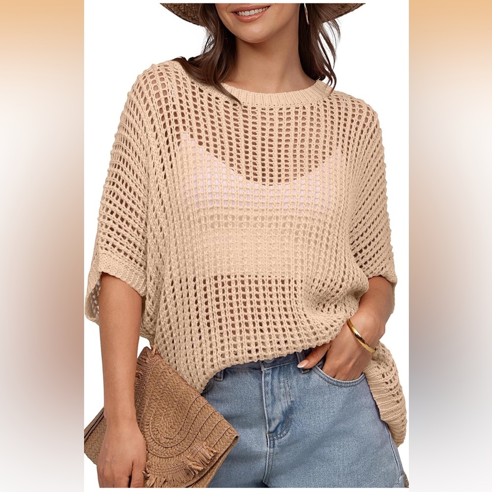 🆕 Chic Beige Open-Knit Women's Sweater by UEU SIZE XS but oversized